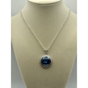 Rhodium Plated White Brass With Handblown Glass Blue Gemstone Pendant